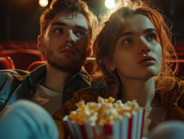 A man and a woman are sitting in a movie theater watching a movie