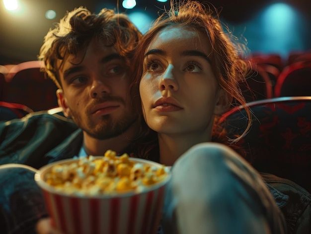 Photo a man and a woman are sitting in a movie theater watching a movie