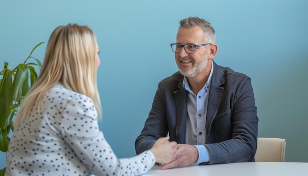 a man and woman are sitting at a table both wearing glasses talking and smiling