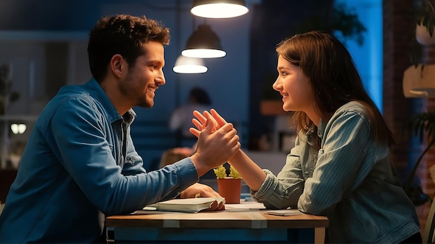 a man and woman are sitting at a table and they are both smiling and having a conversation