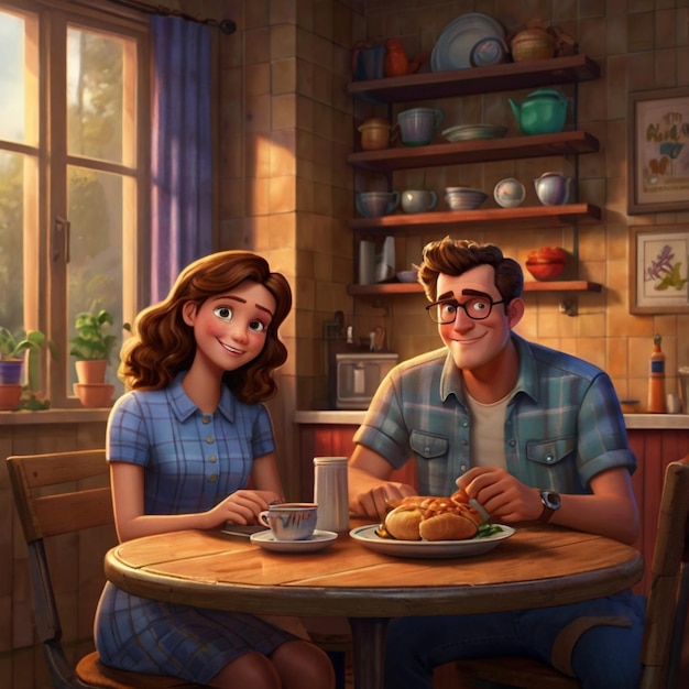 a man and woman are sitting at a table with a cup of coffee and a woman wearing glasses