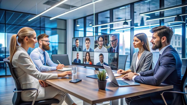 Photo a man and woman are sitting at a table with a laptop and a picture of a man on it