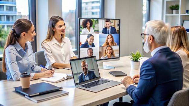 a man and a woman are sitting at a table with a laptop and a picture of a man with a woman in a suit