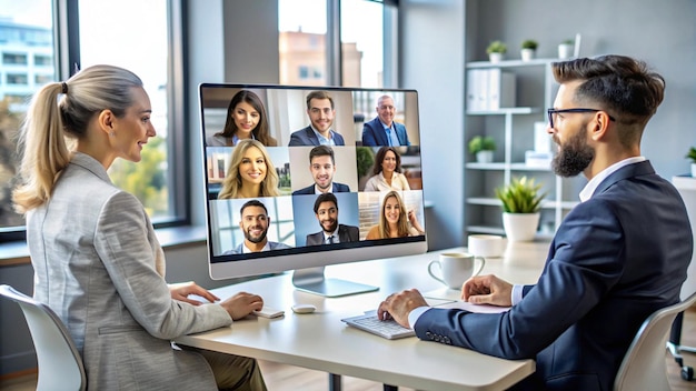 a man and a woman are sitting at a table with a tv showing their faces