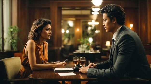 Photo a man and a woman are sitting at a table with wine glasses