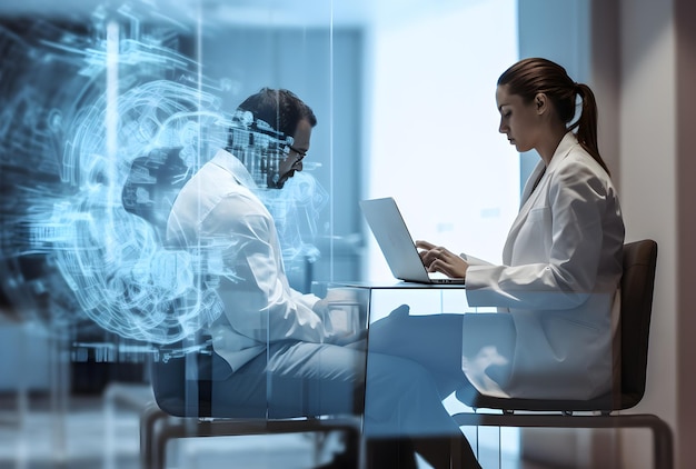 Photo a man and a woman are sitting at a table and a woman is looking at a laptop