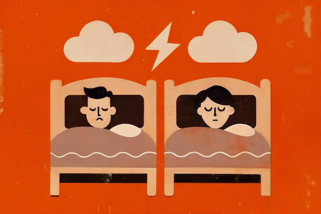 Photo a man and a woman are sleeping in bed in pajamas black clouds are gathering above them and lightning strikes from the clouds