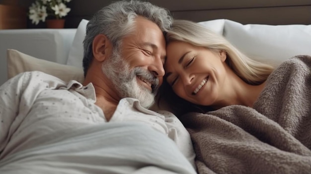 a man and a woman are sleeping in a bed with a woman