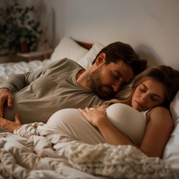 Photo a man and a woman are sleeping in a bed