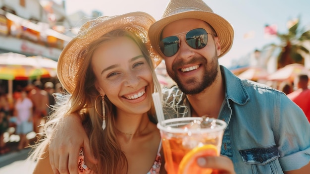 A man and woman are smiling and holding drinks