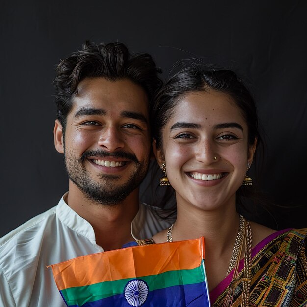 Photo a man and woman are smiling and holding a rainbow flag