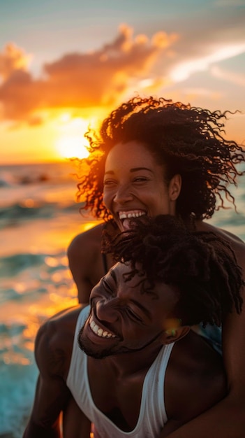 A man and woman are smiling and hugging on a beach