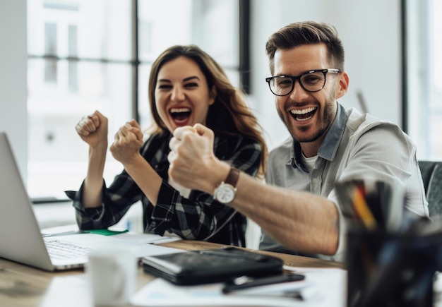 a man and woman are smiling and laughing at a desk with a laptop and the word quot watch quot on the