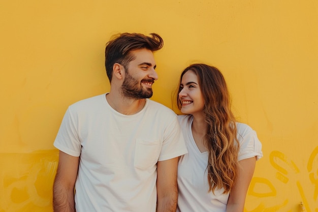 a man and woman are smiling and looking at each other