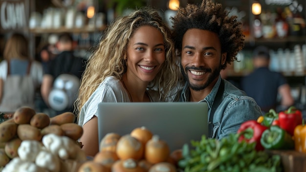 Photo a man and woman are smiling and looking at a laptop