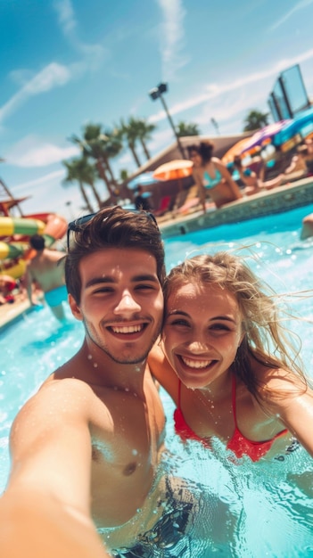 A man and woman are smiling and posing for a picture in a pool