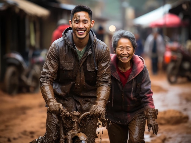 Photo a man and woman are smiling and smiling in the mud