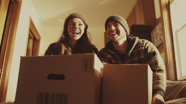 Photo a man and a woman are smiling and smiling while holding boxes