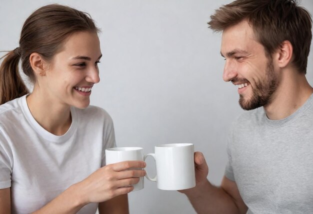 Photo a man and woman are smiling and smiling and the woman is holding cups