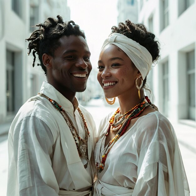 Photo a man and woman are smiling and wearing traditional clothing