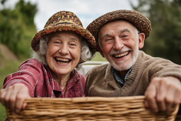 Photo a man and a woman are smiling while holding a basket