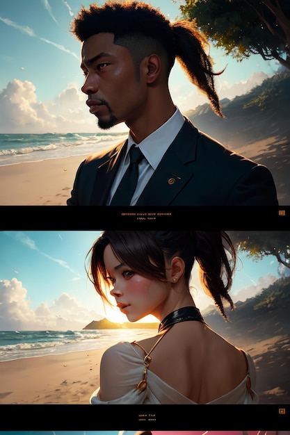 Photo a man and woman are standing on a beach and one of them has a ponytail.