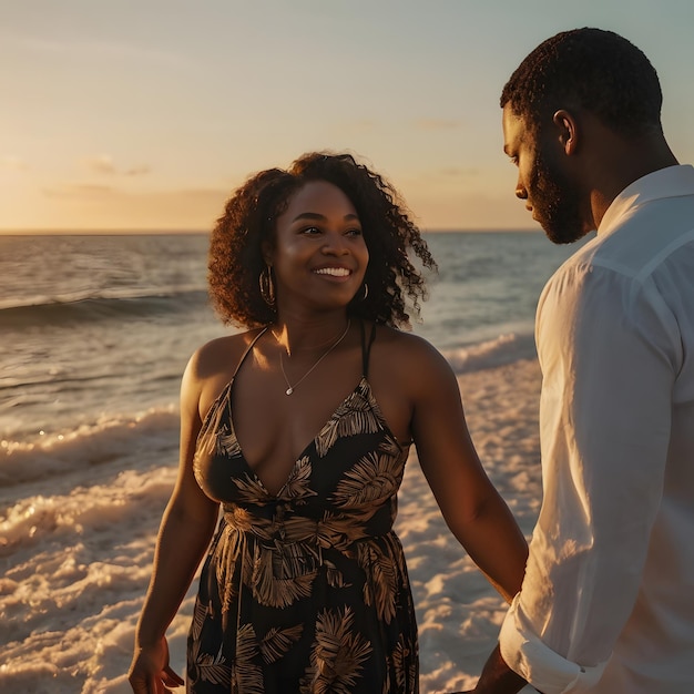 Photo a man and woman are standing on the beach and the woman is wearing a dress