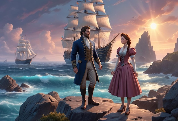 a man and woman are standing on a cliff with a ship in the background