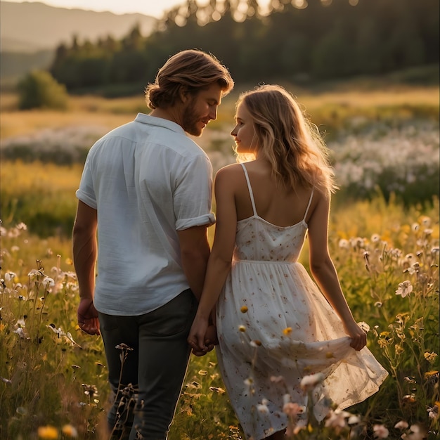 a man and woman are standing in a field with daisies