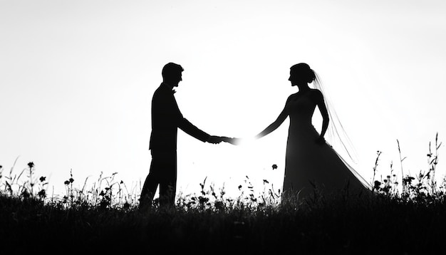 Photo a man and a woman are standing in a field with flowers