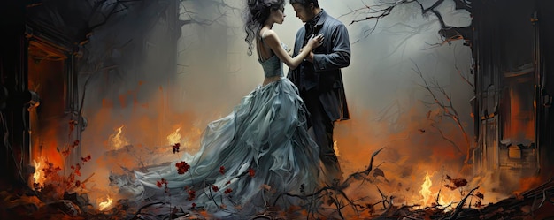 a man and a woman are standing in a forest with fire in the background.