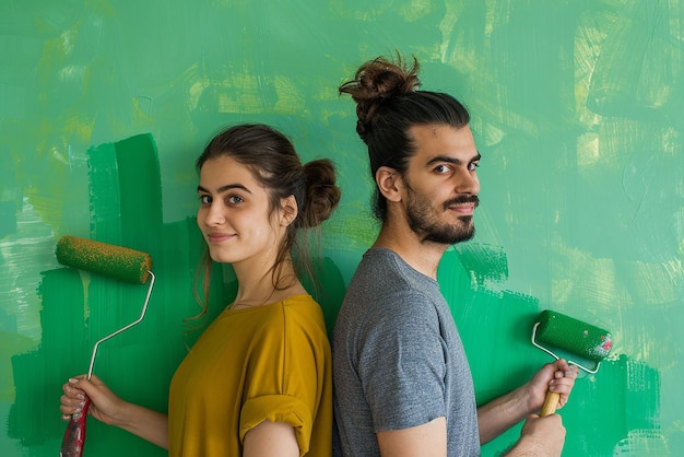 Photo a man and a woman are standing in front of a green wall with paint on it