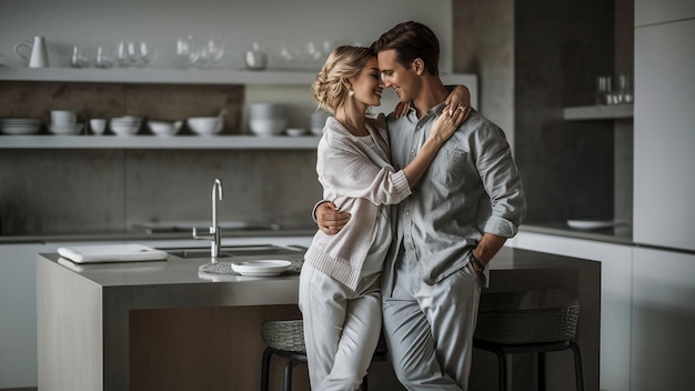 a man and woman are standing in front of a kitchen counter