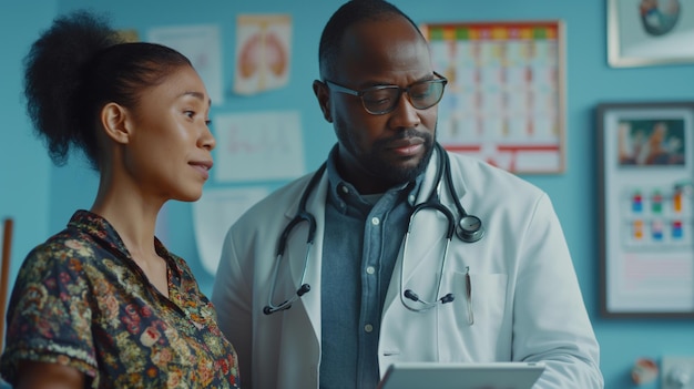 a man and a woman are standing in front of a laptop and a woman in a lab coat