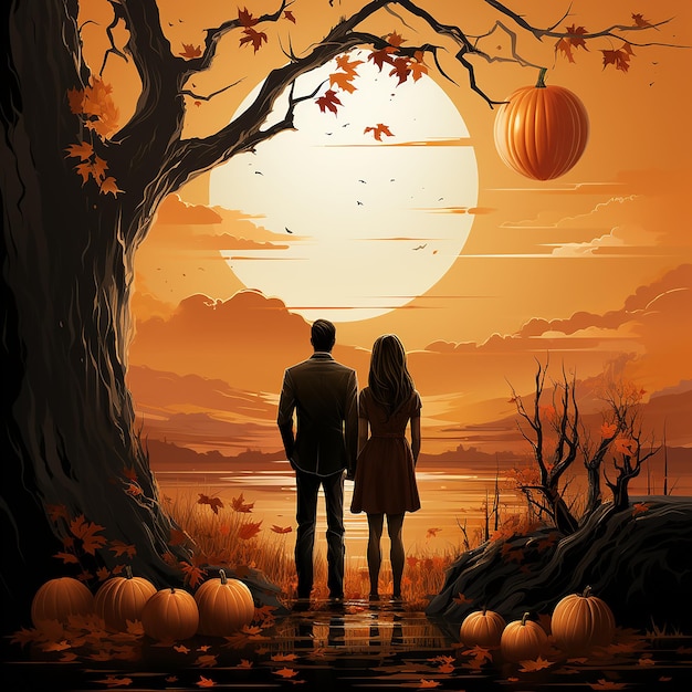 A man and a woman are standing in front of a pumpkin with the words fall on the wal