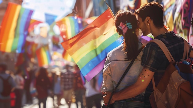 Photo a man and a woman are standing in front of a rainbow flag