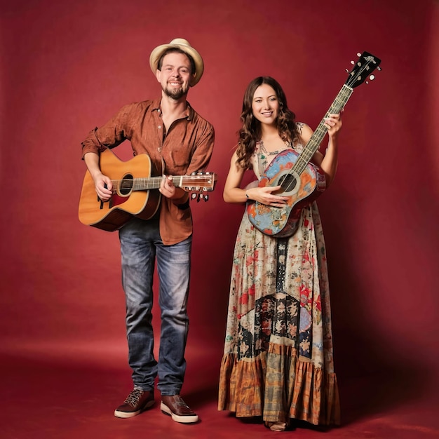 a man and a woman are standing in front of a red background with a guitar