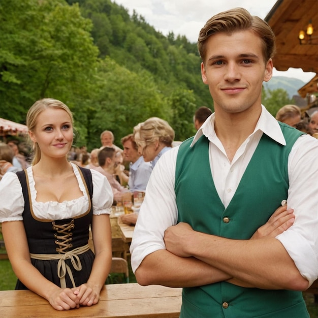 Photo a man and a woman are standing in front of a table with their arms crossed