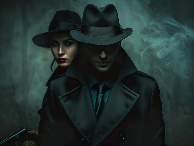 a man and a woman are standing in front of a wall with smoke