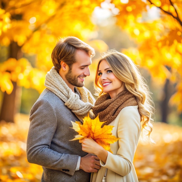 a man and woman are standing in front of a yellow leaf that has the word quot on it