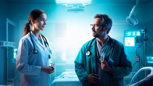 a man and a woman are standing in a hospital room with a man in a green coat