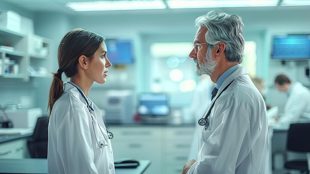 a man and a woman are standing in a hospital with a doctor in the background