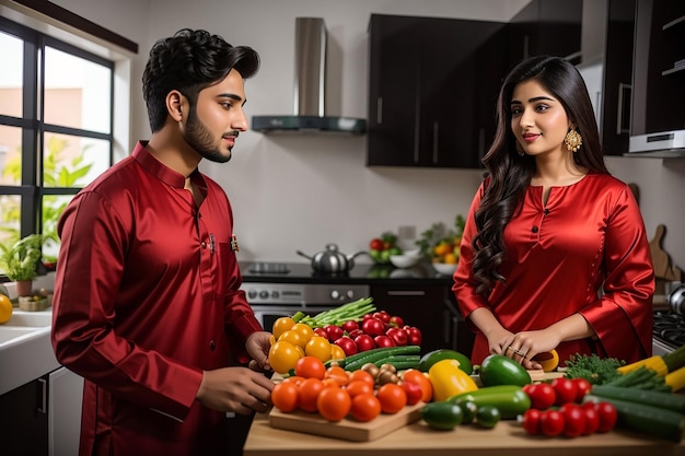 Photo a man and a woman are standing in a kitchen with vegetables