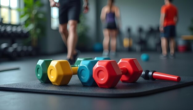 Photo a man and a woman are standing on a mat with dumbbells