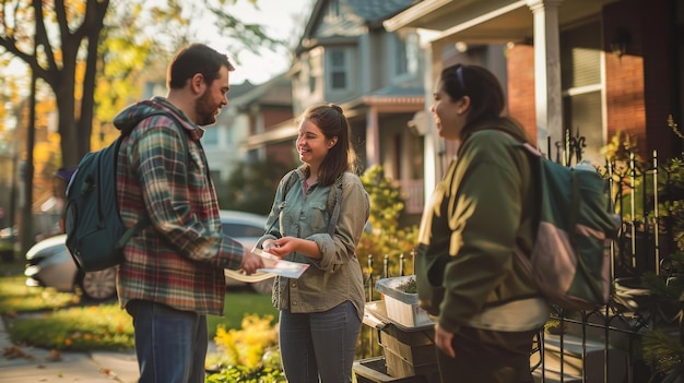 Photo a man and woman are standing outside of a house with a sign that says  the word  on it