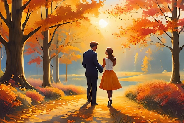 a man and a woman are standing in a park with the sun shining through the trees