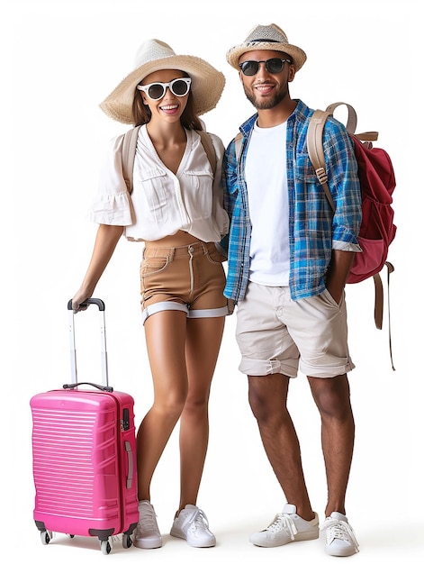 a man and a woman are standing next to a pink suitcase