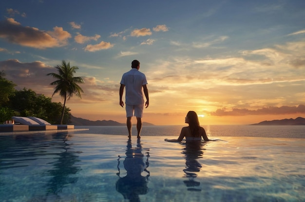 a man and a woman are standing in a pool with the sunset behind them