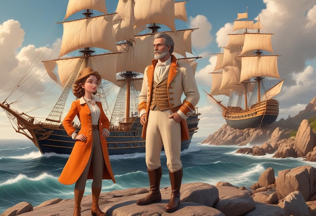 a man and a woman are standing on rocks near a ship