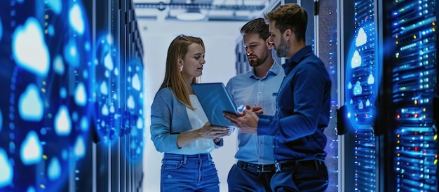 Photo a man and a woman are standing in a room with blue walls and blue lights the man is holding a tablet and the woman is looking at it they seem to be discussing something important